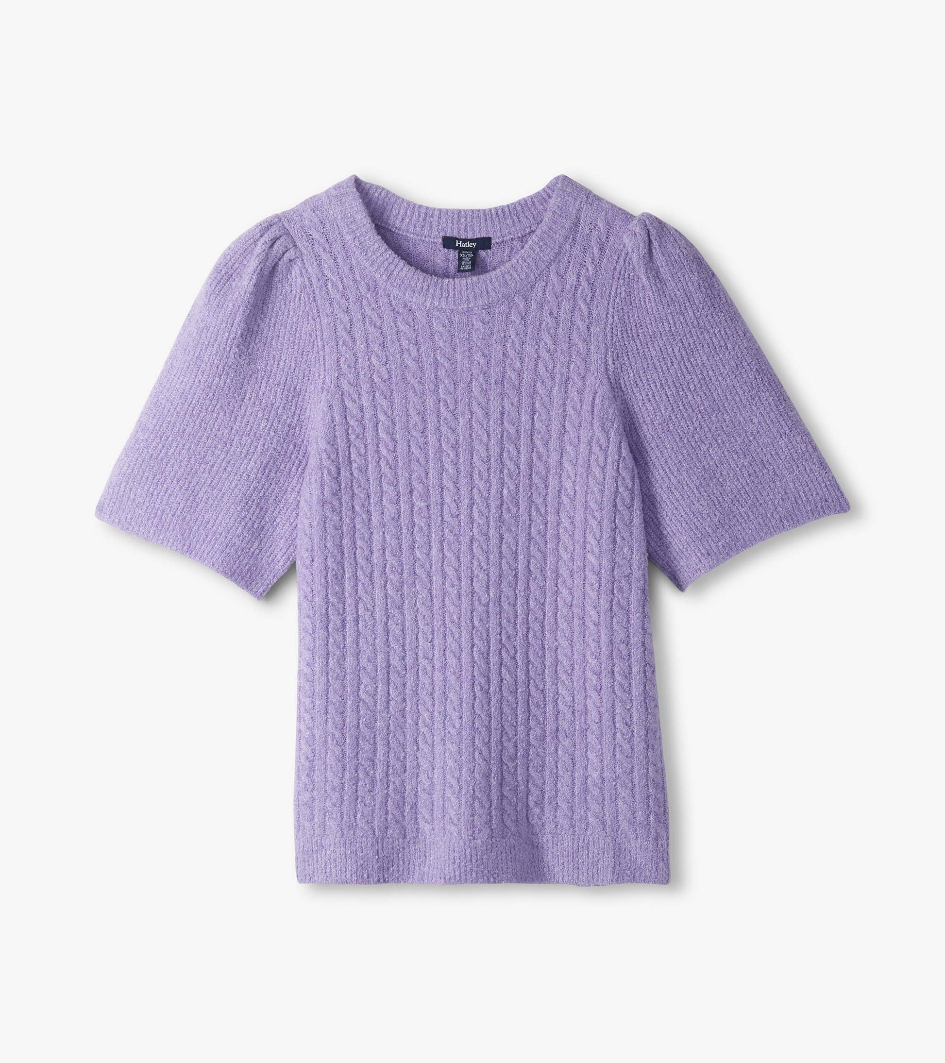Lilac cable knit short-sleeve sweater laid flat with puff sleeves and ribbed crew neck