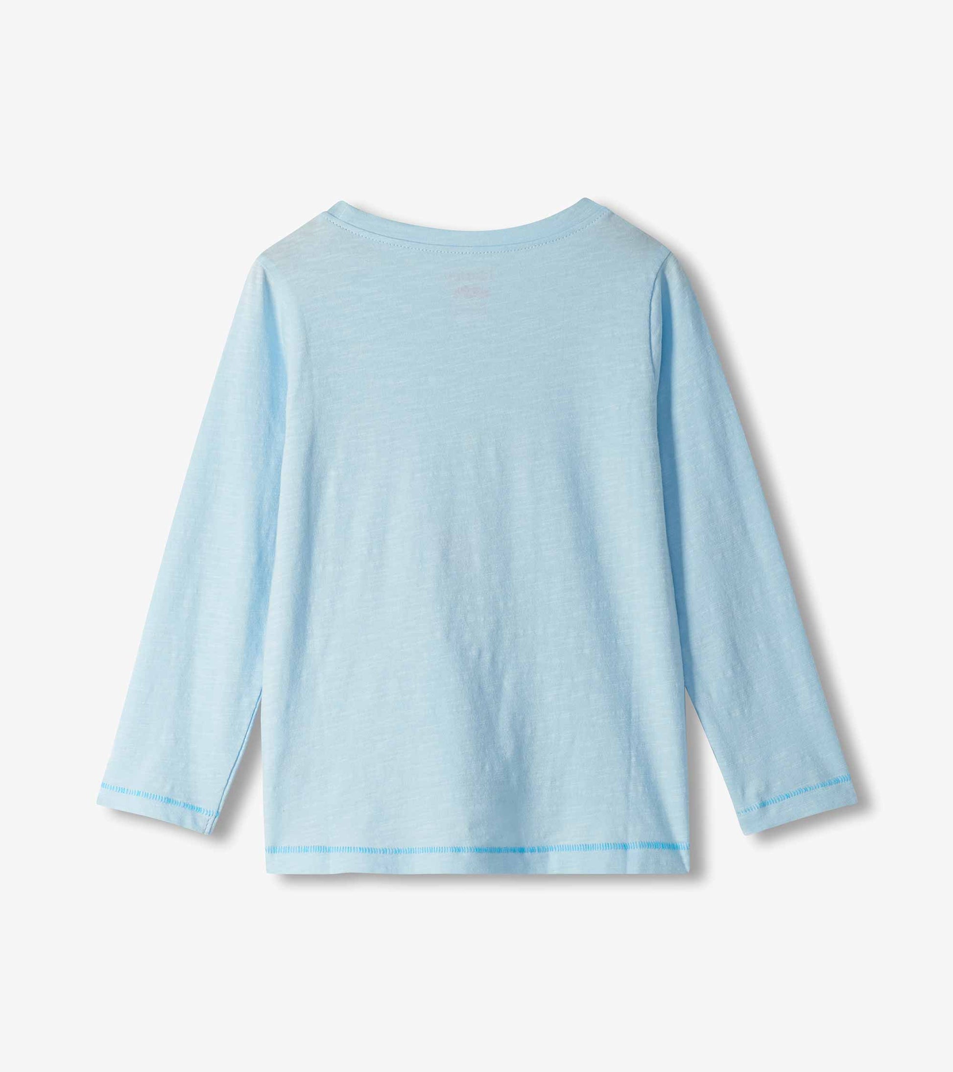Back view of light blue girls long-sleeve T-shirt with plain design
