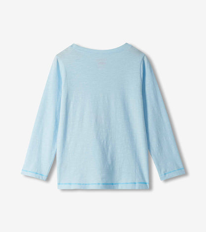 Back view of light blue girls long-sleeve T-shirt with plain design
