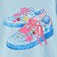 Blue high-top sneaker with pink and teal line-art design and pink laces