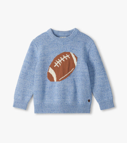 Front view of heathered blue boys crew neck sweater with a large brown football graphic