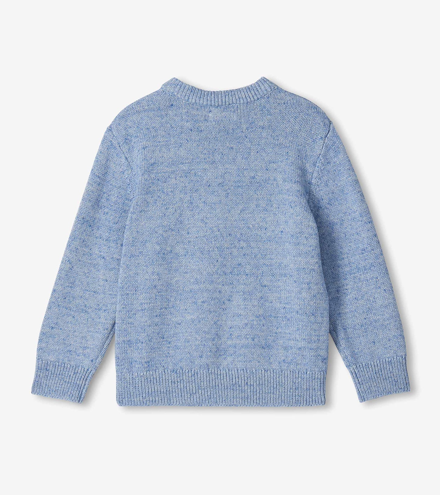 Back view of heathered blue boys crew neck sweater with long sleeves and ribbed trim
