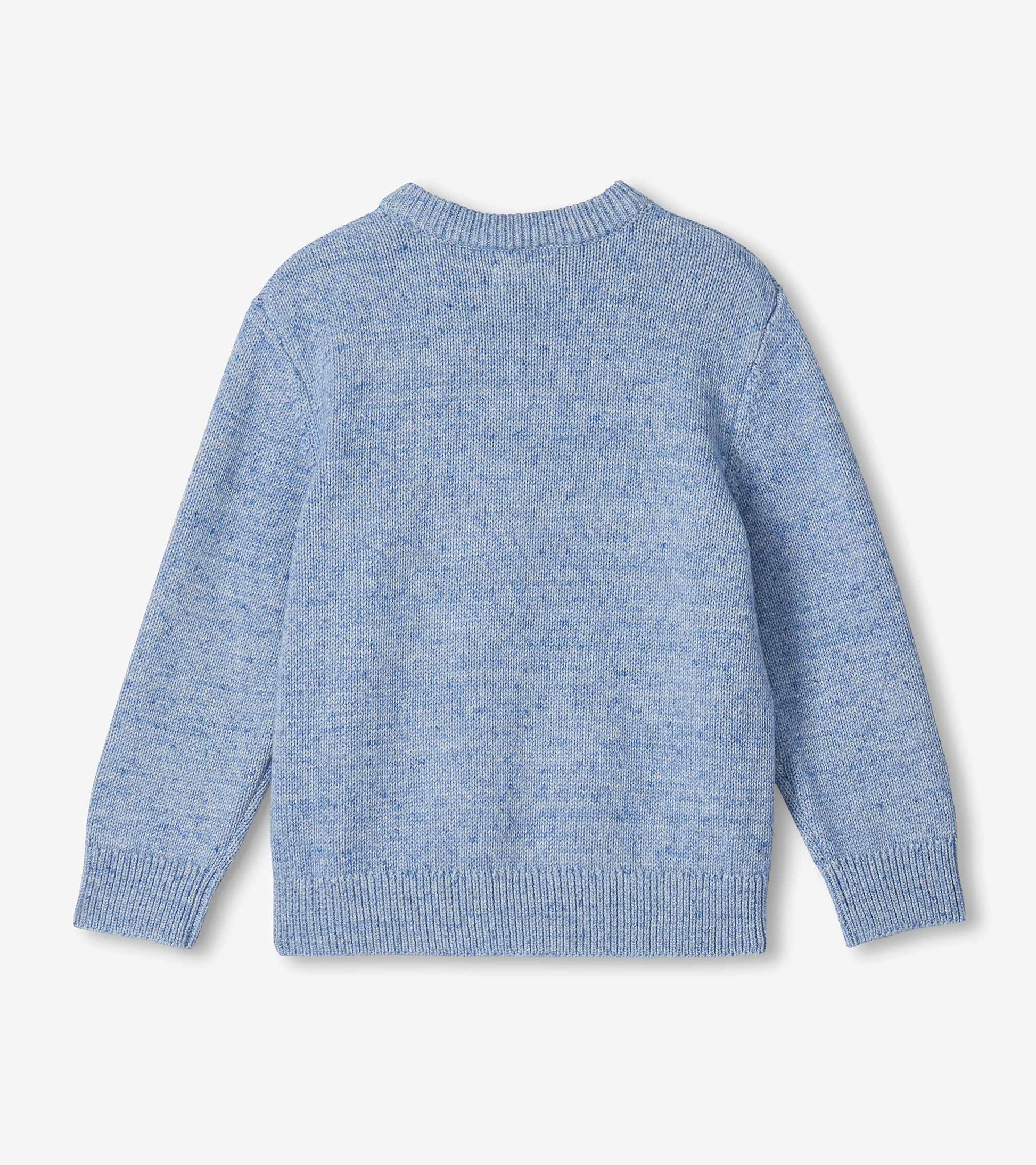 Back view of heathered blue boys crew neck sweater with long sleeves and ribbed trim
