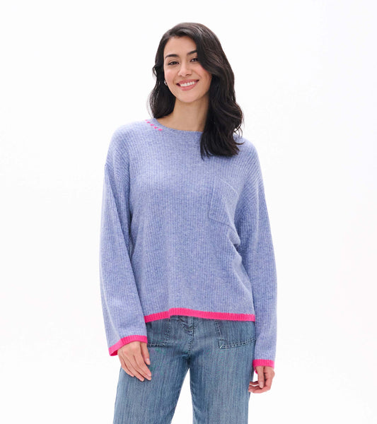 Front view of Kentucky blue ribbed sweater with pink trim, chest pocket, and pink stitch detail at shoulder