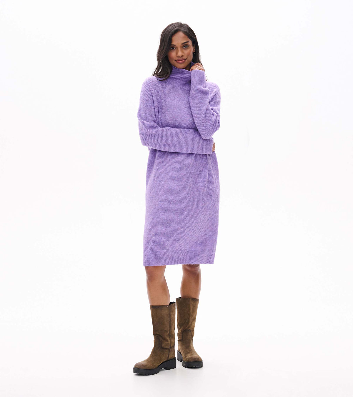 Front view of lilac melange sweater dress with turtleneck, long sleeves, and midi length