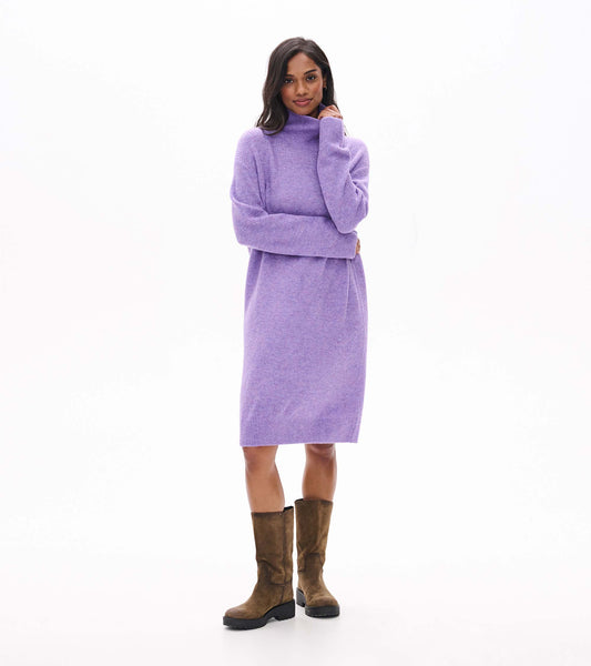 Front view of lilac melange sweater dress with turtleneck, long sleeves, and midi length