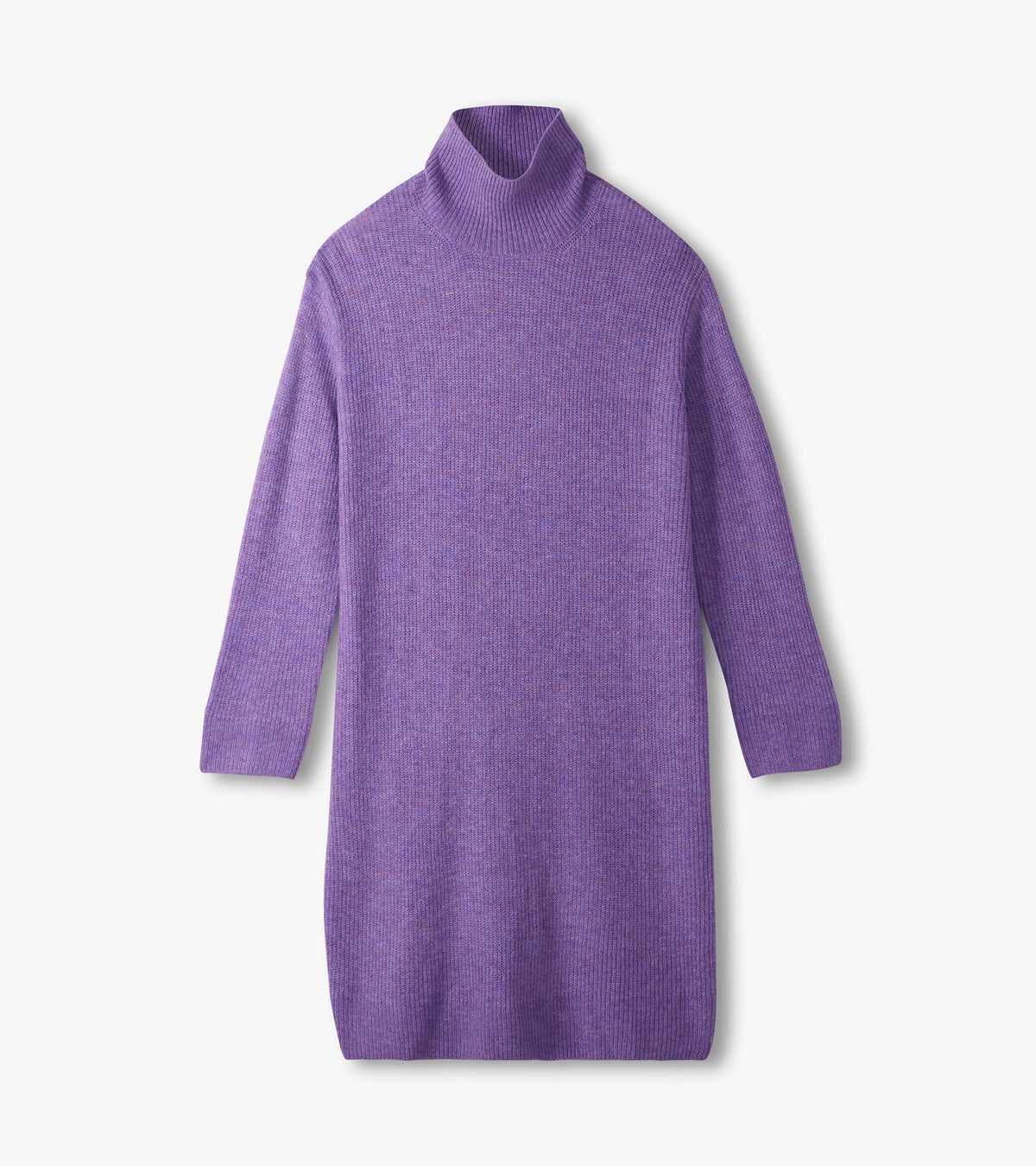 Lilac melange sweater dress on white background with turtleneck, long sleeves, and straight midi silhouette