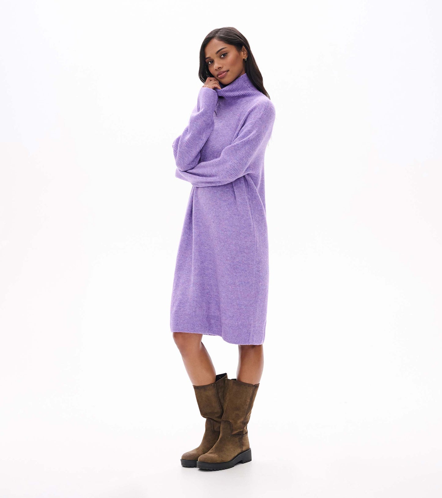 Angled front view of lilac melange sweater dress with turtleneck, long sleeves, and midi length