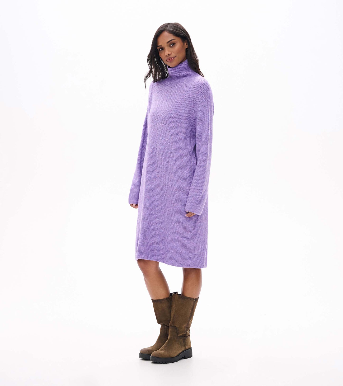 Side view of lilac melange sweater dress with turtleneck, long sleeves, and straight fit
