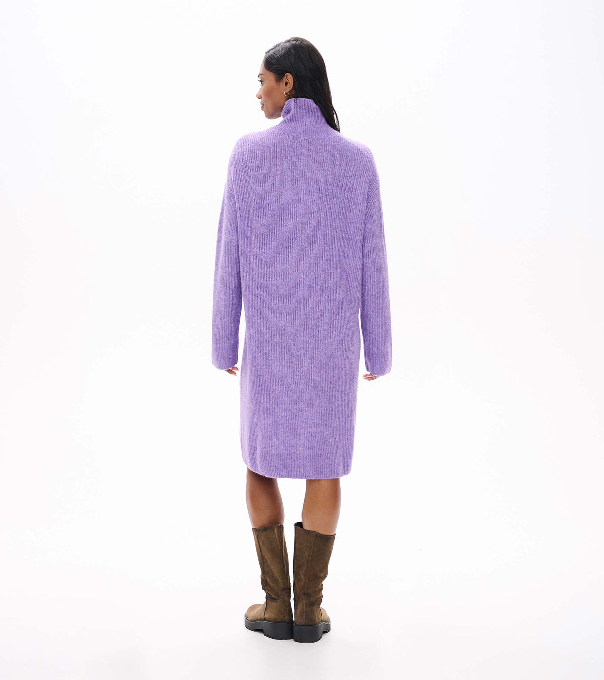 Back view of lilac melange sweater dress with turtleneck, long sleeves, and midi length