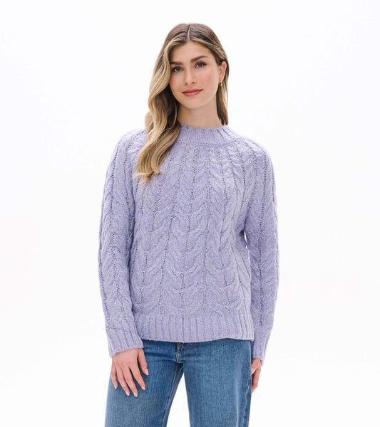 Front view of speckled lilac cable knit sweater with crew neck and ribbed trim