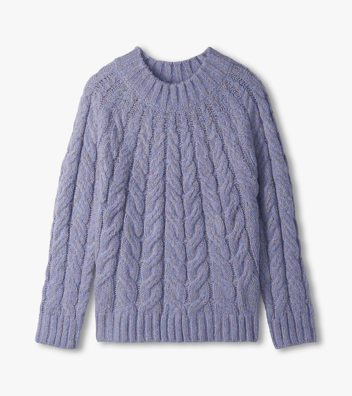 Speckled lilac cable knit sweater laid flat, showing crew neck, long sleeves and ribbed hem