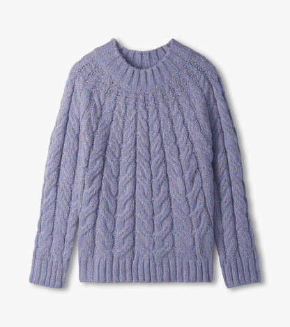 Speckled lilac cable knit sweater laid flat, showing crew neck, long sleeves and ribbed hem