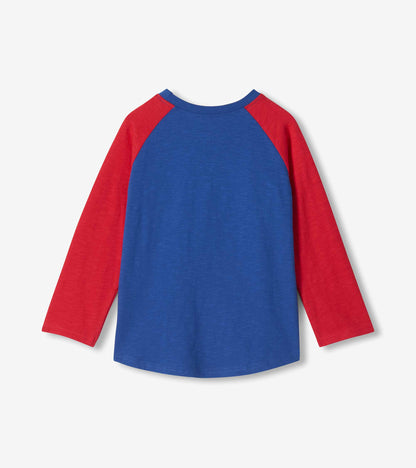 Back view of blue boys raglan T-shirt with red long sleeves and plain back