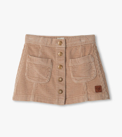 Front view of girls taupe A-line corduroy skirt with snap placket and two front patch pockets