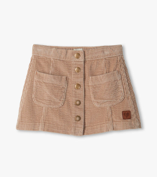 Taupe A-line skirt with front snap buttons, two front patch pockets, and visible corded texture
