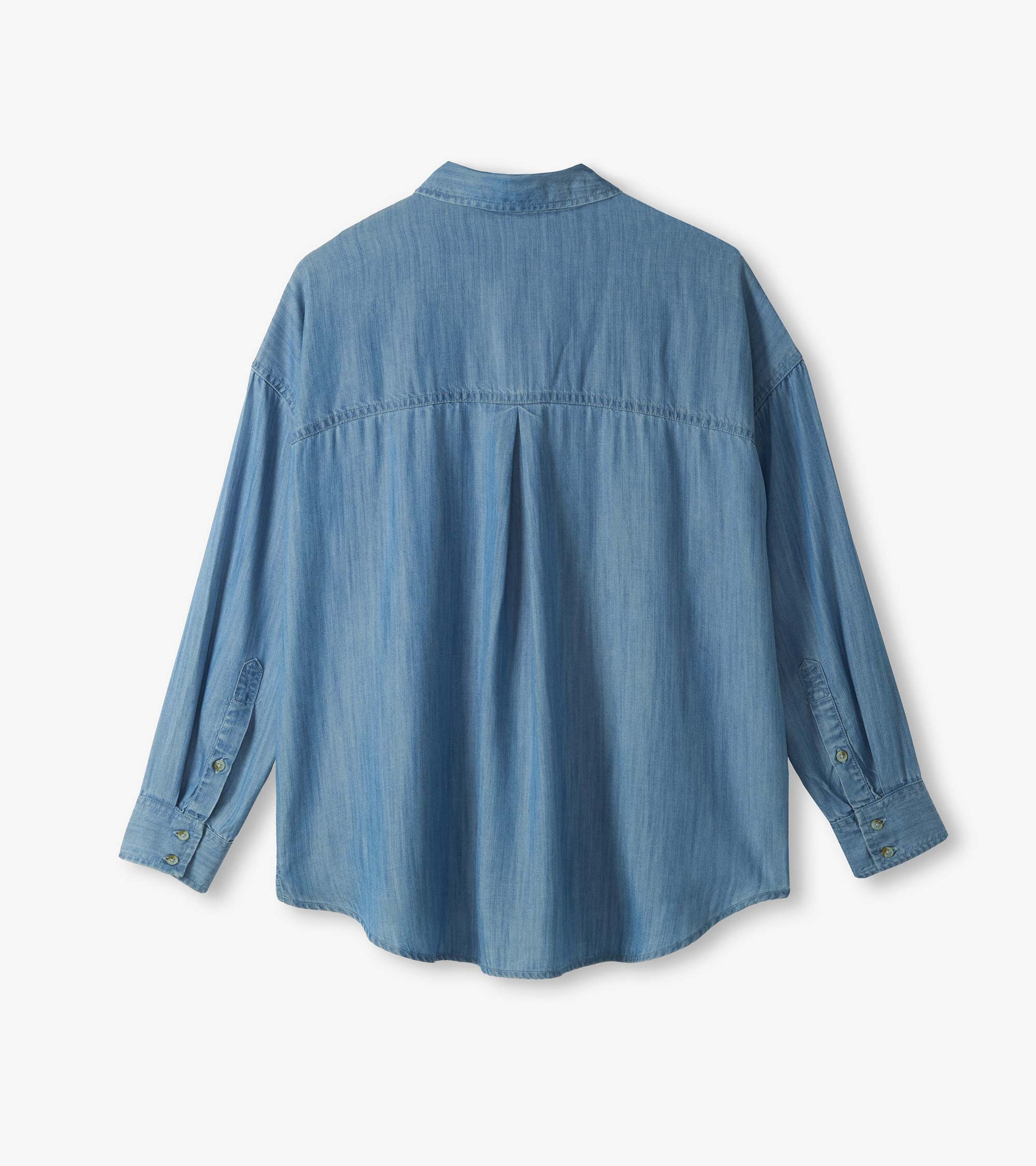 Back view of light blue wash relaxed button-down shirt with long sleeves, curved hem, and back pleat
