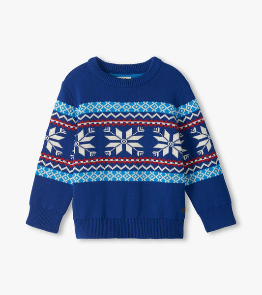 Blue crew neck sweater with Fair Isle bands and white snowflake pattern on the front