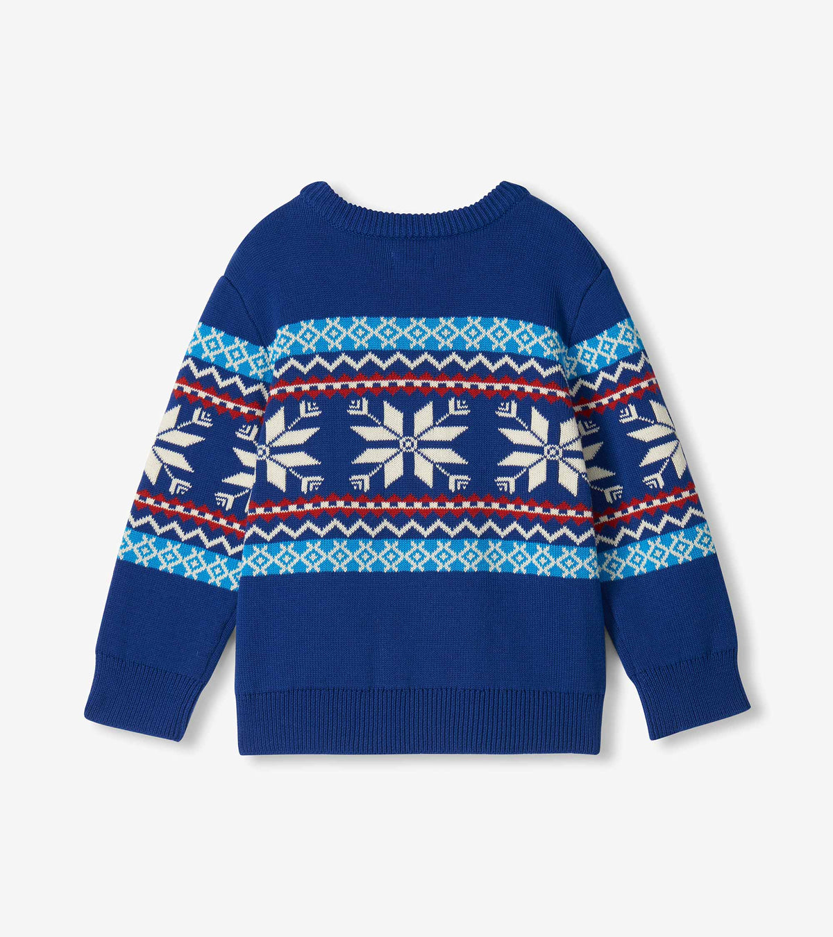 Back view of blue crew neck sweater with Fair Isle bands and white snowflake pattern