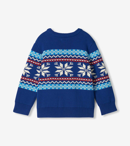 Back view of blue crew neck sweater with Fair Isle bands and white snowflake pattern