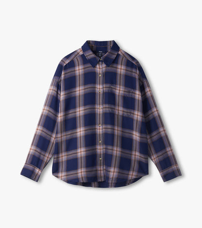 Flat lay front view of navy plaid button-down shirt with collar, chest pocket, and long sleeves