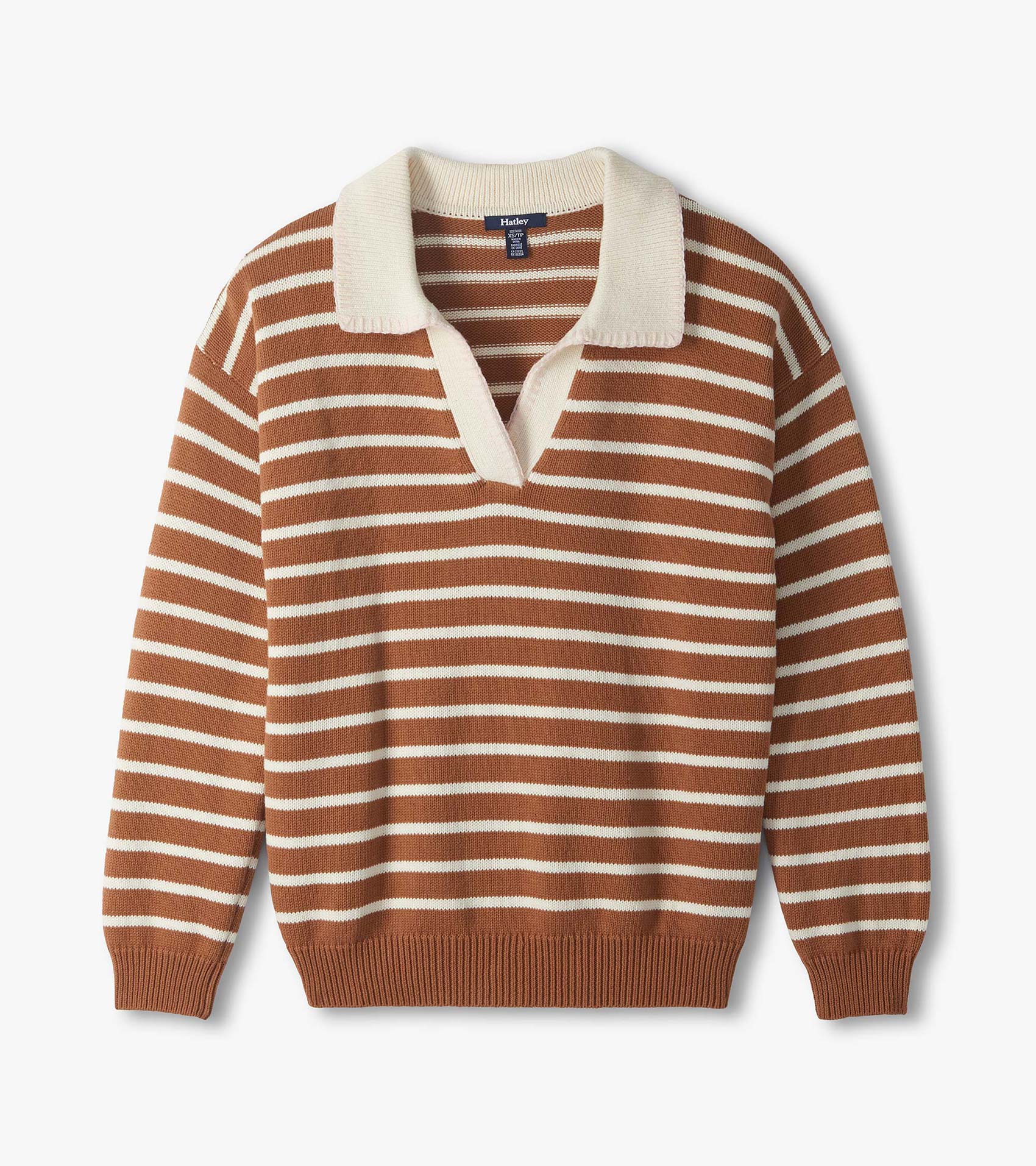 Camel and cream striped Johnny collar sweater laid flat, front view with long sleeves and ribbed trim