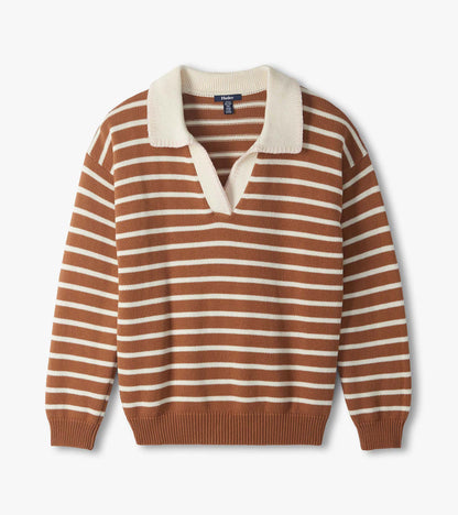 Camel and cream striped Johnny collar sweater laid flat, front view with long sleeves and ribbed trim