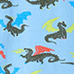 Blue pattern with green and red dinosaurs and gray leaves