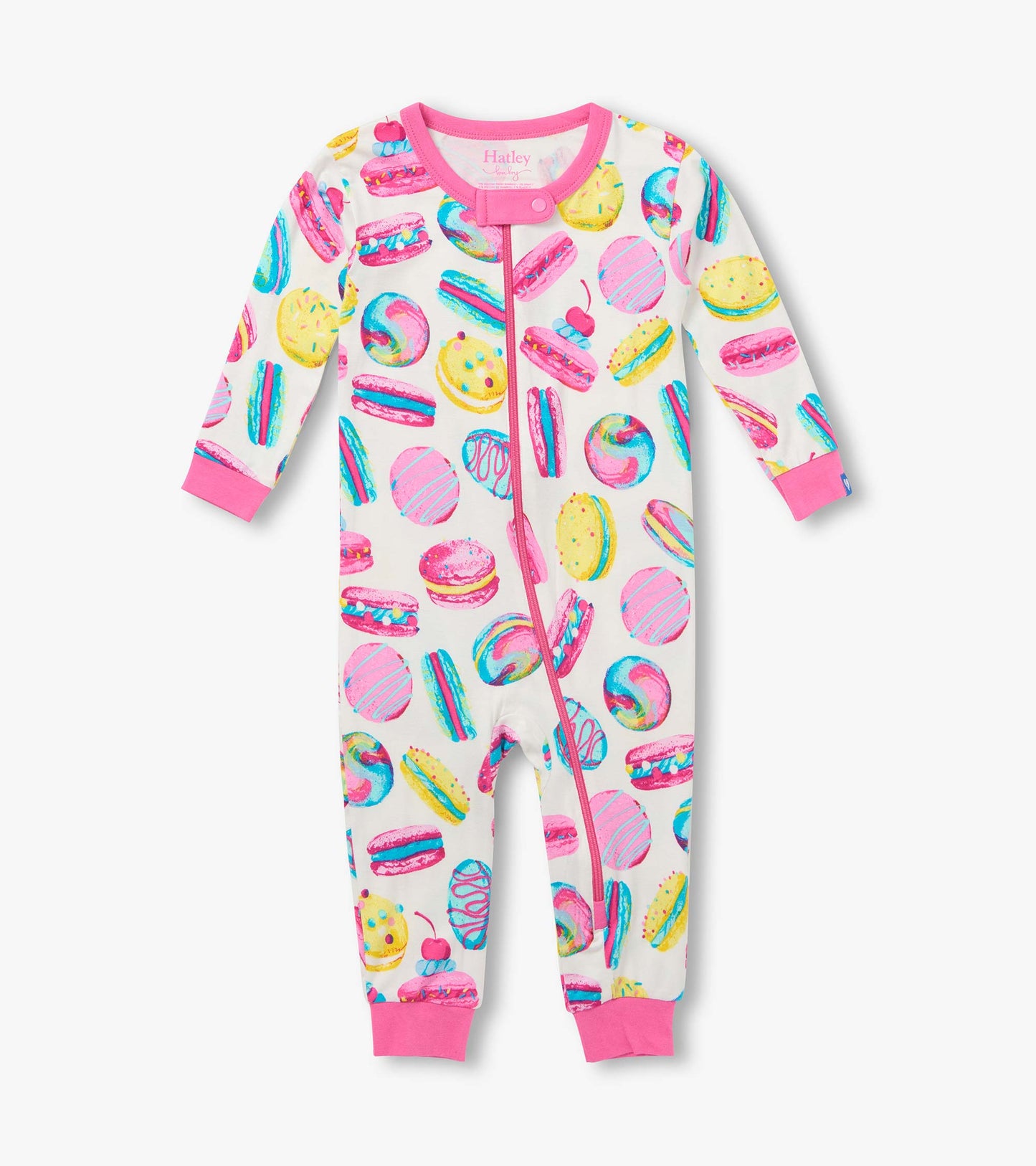 Front view of infant coverall with pink trim, two-way zipper, and colorful macaron and dessert print