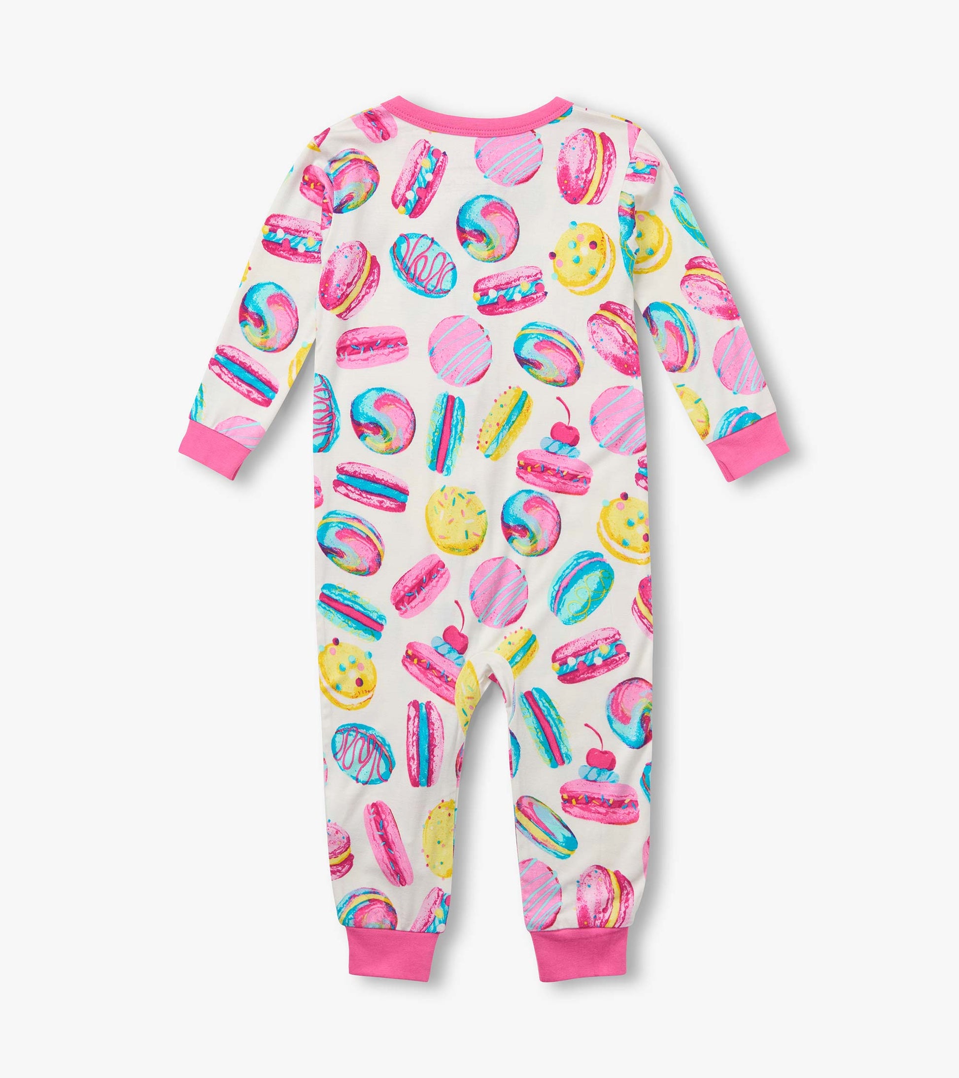 Back view of infant coverall with pink cuffs and allover pink, yellow, and blue macaron print