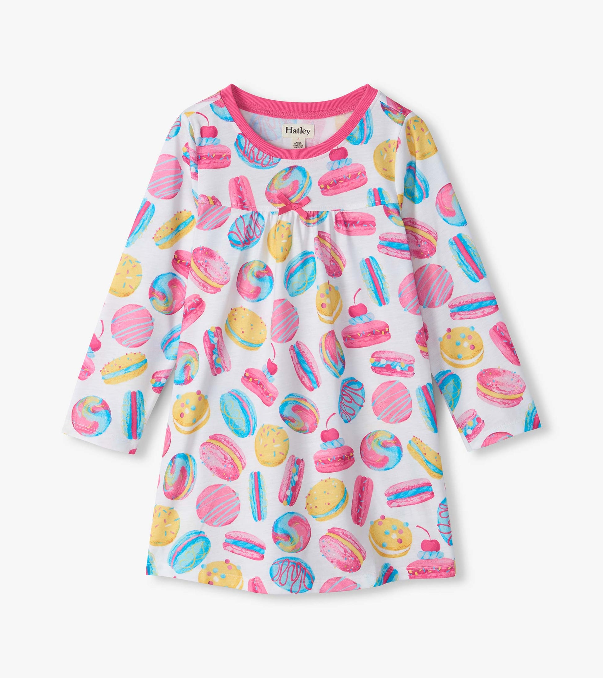 Kids long-sleeve nightdress with pink trim and colorful macaron, donut, and cherry print