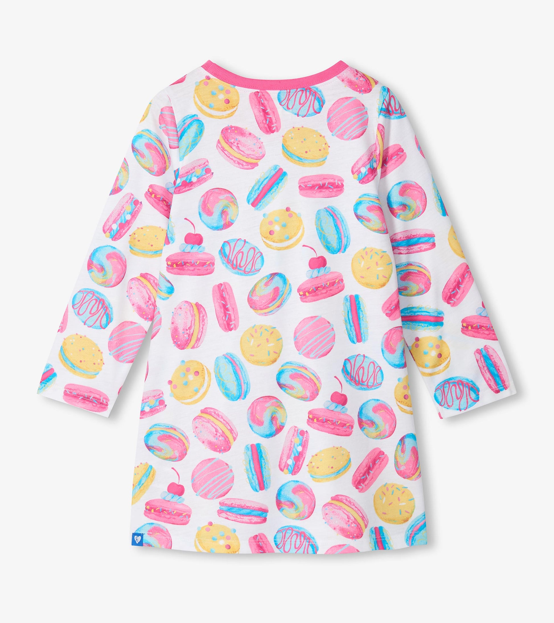 Back view of girls nightdress with pink neckline and pink, blue, and yellow macaron print