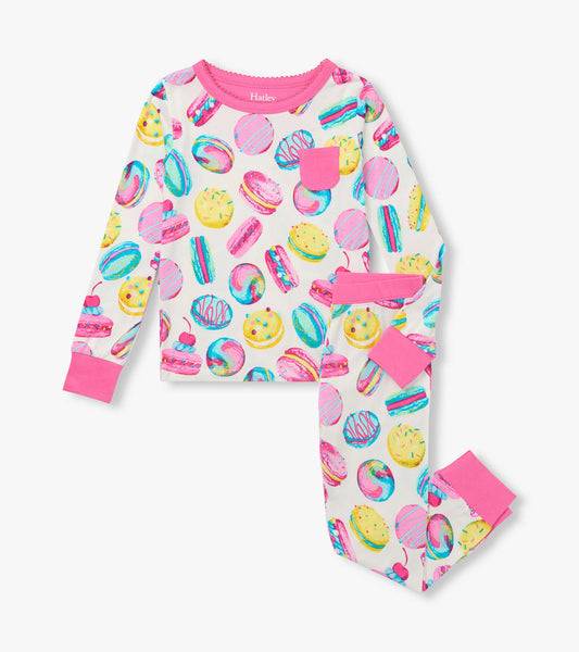Kids pajama set with colorful macaron print, pink trim, chest pocket, and matching cuffed pants