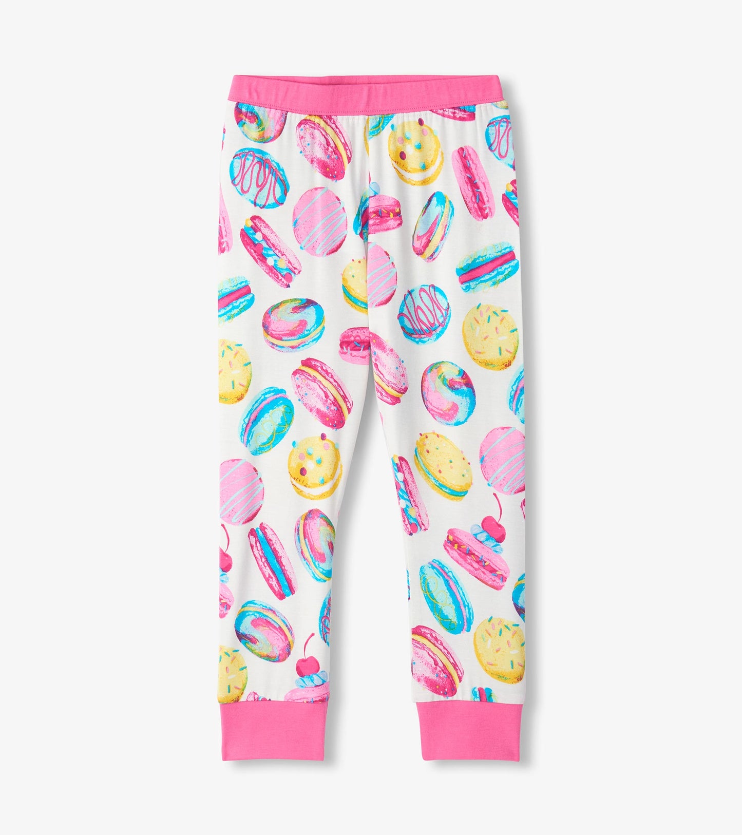 Girls pajama pants with colorful macaron print, pink waistband and pink ankle cuffs