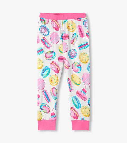 Girls pajama pants with colorful macaron print, pink waistband and pink ankle cuffs