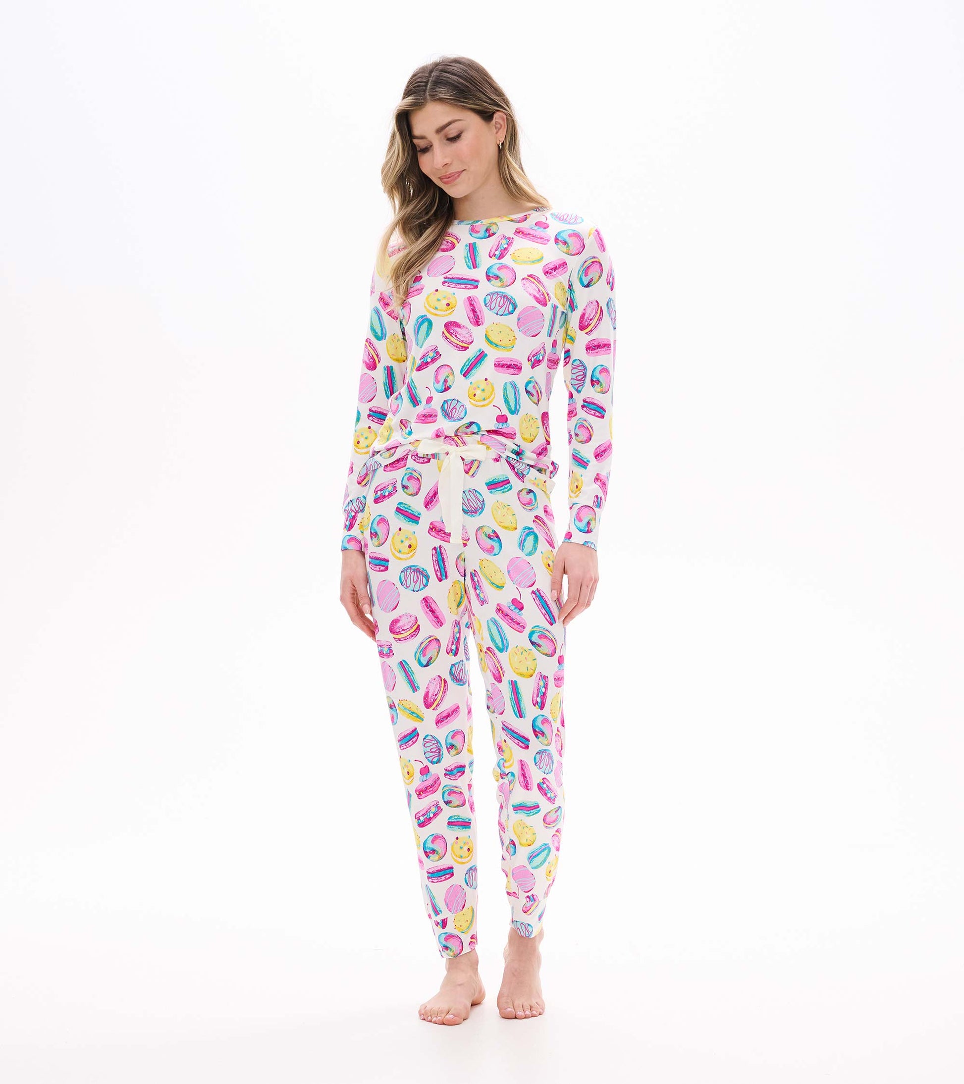 Women's Macaron PJ set with colorful macaron print, long sleeve top and matching pants, front view