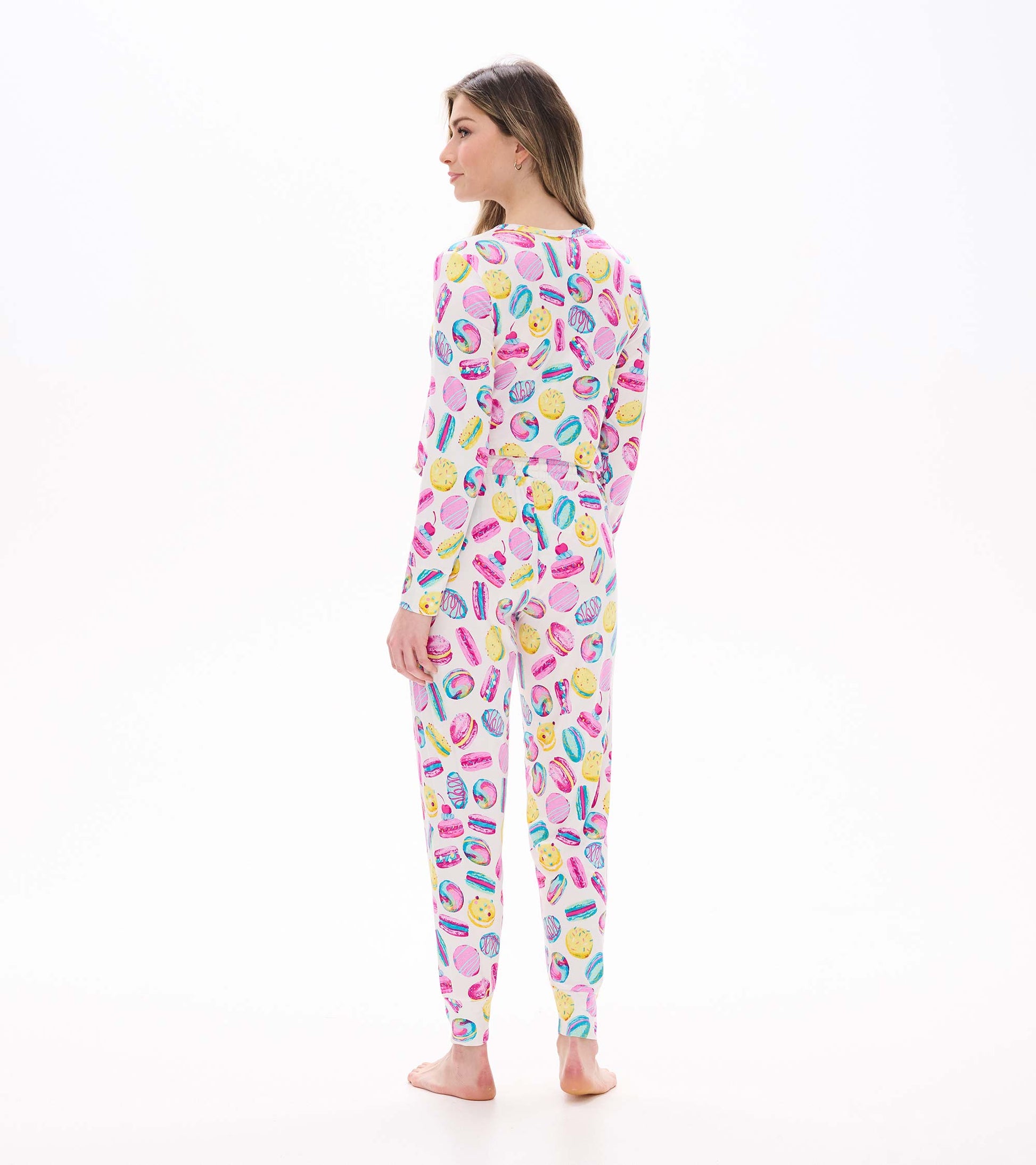 Women's Macaron PJ set with colorful macaron print, long sleeve top and matching pants, back view