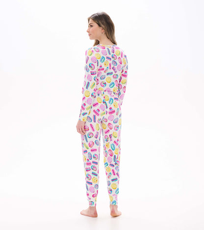 Women's Macaron PJ set with colorful macaron print, long sleeve top and matching pants, back view