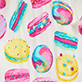 Colorful donuts and striped pastries on a white background