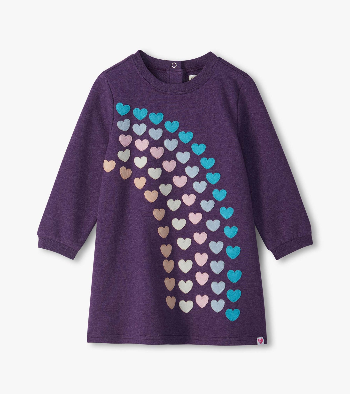 Infant purple long-sleeve dress with multicolor heart appliqués cascading diagonally down the front