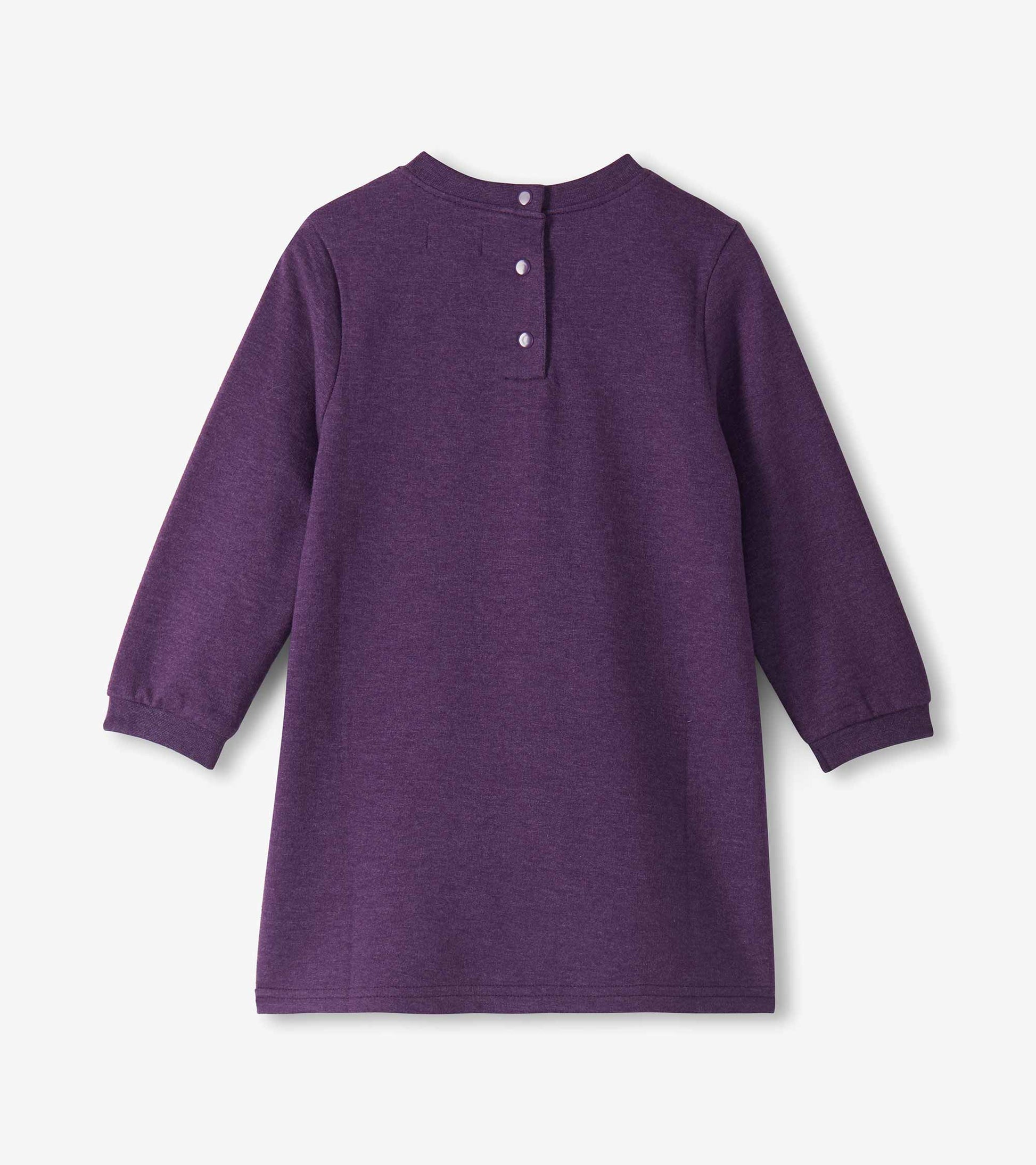 Back view of purple long sleeve toddler dress with long sleeves and snap placket at the neck