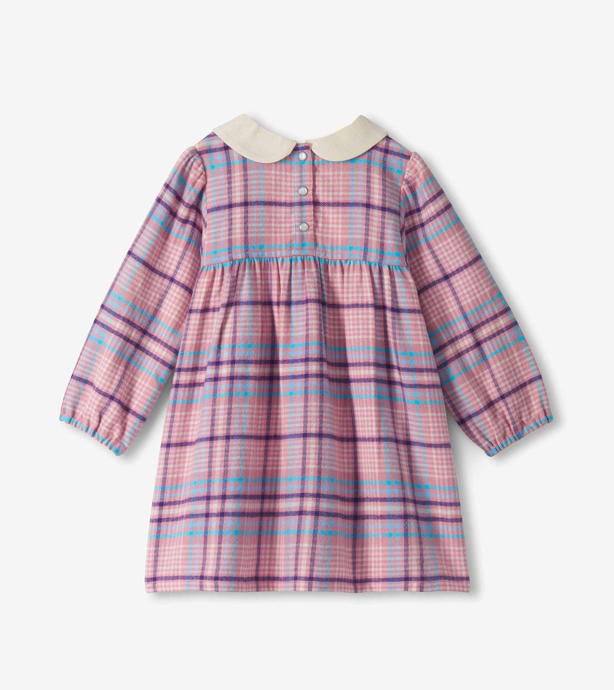 Back view of mauve plaid toddler dress with long sleeves, gathered waist, cream collar, and snap closure