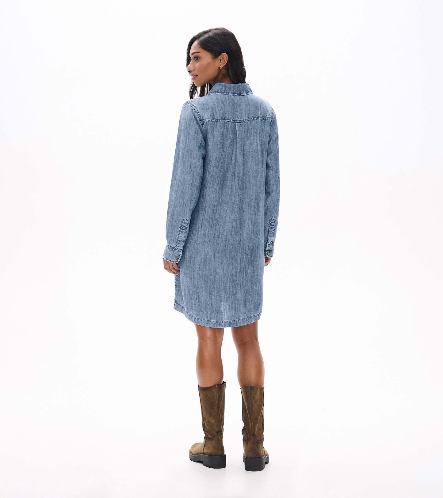 Back view of blue acid rinse popover dress with long sleeves and curved back yoke