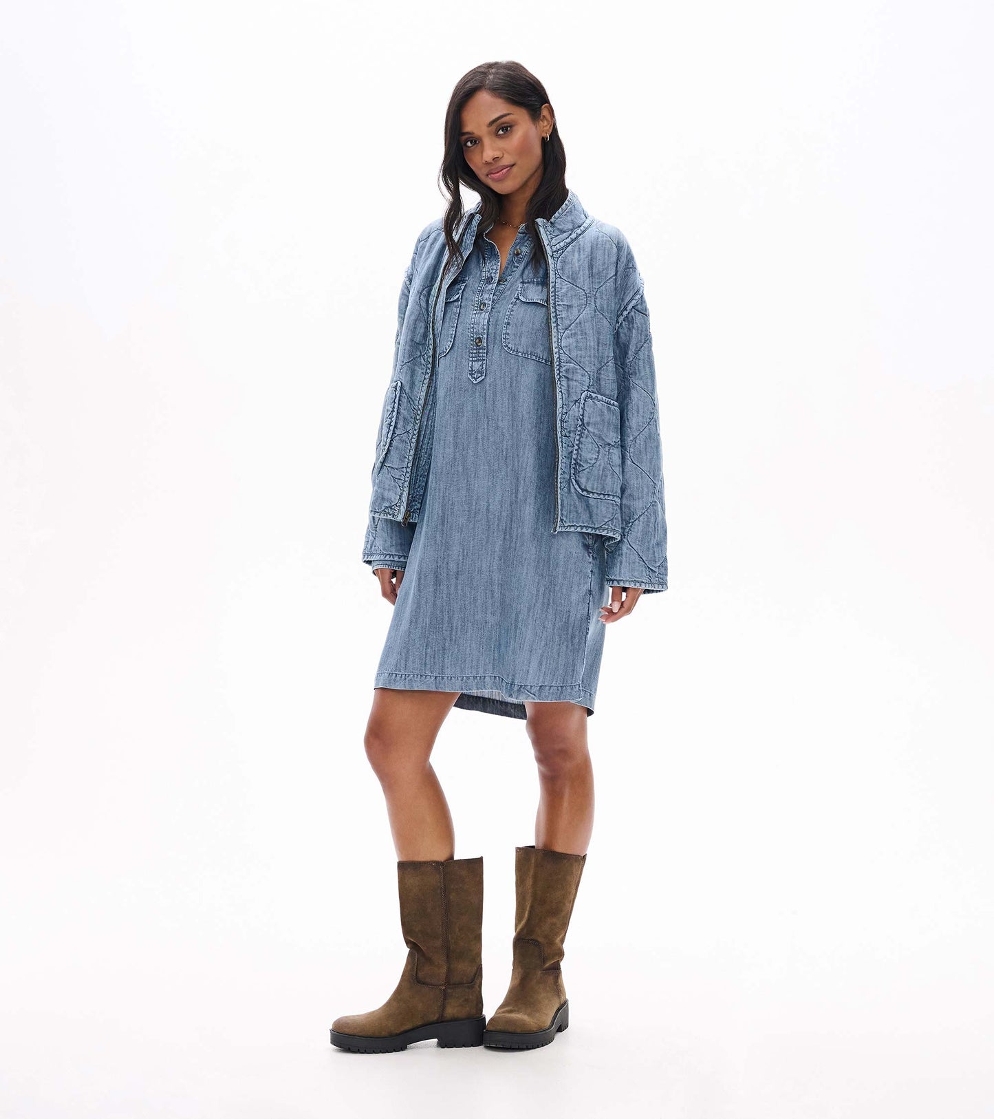 Blue acid rinse popover dress shown front view, knee length with partial button placket and chest pockets