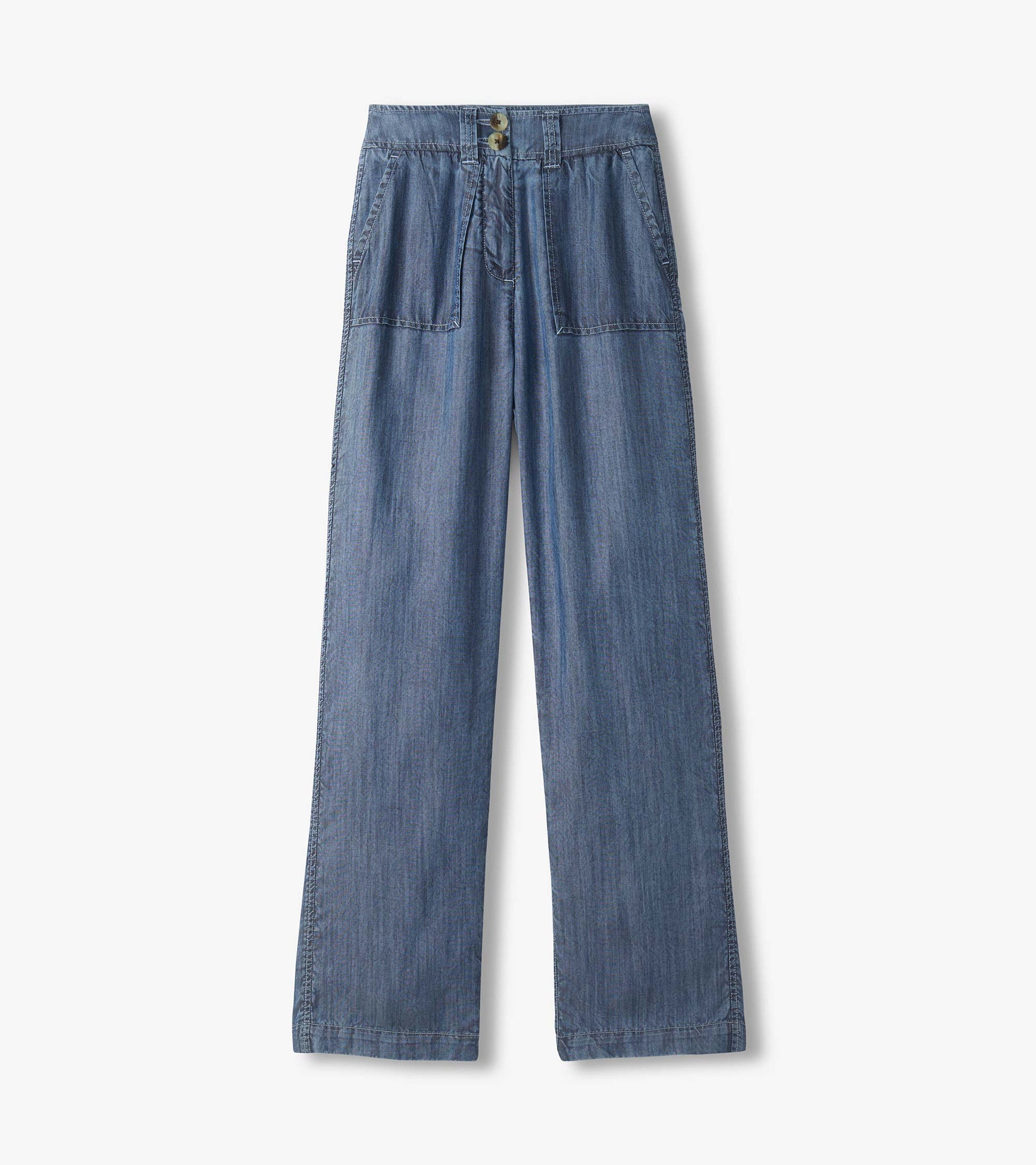 Blue acid rinse wide leg pants laid flat with front patch pockets and double-button waistband