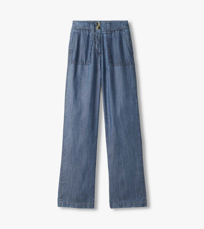 Blue acid rinse wide leg pants laid flat with front patch pockets and double-button waistband
