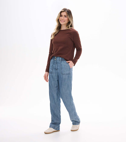 Blue acid rinse wide leg pants on model, front view with patch pockets and relaxed fit