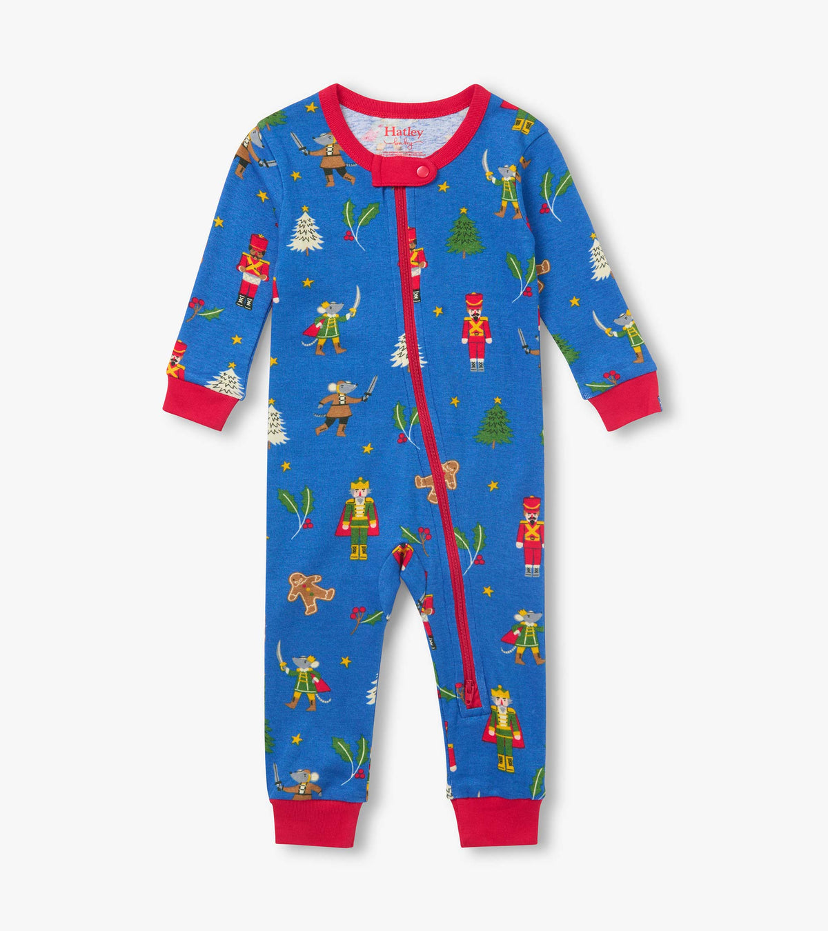 Front view of blue infant coverall with red trim, angled zip, and nutcracker holiday print