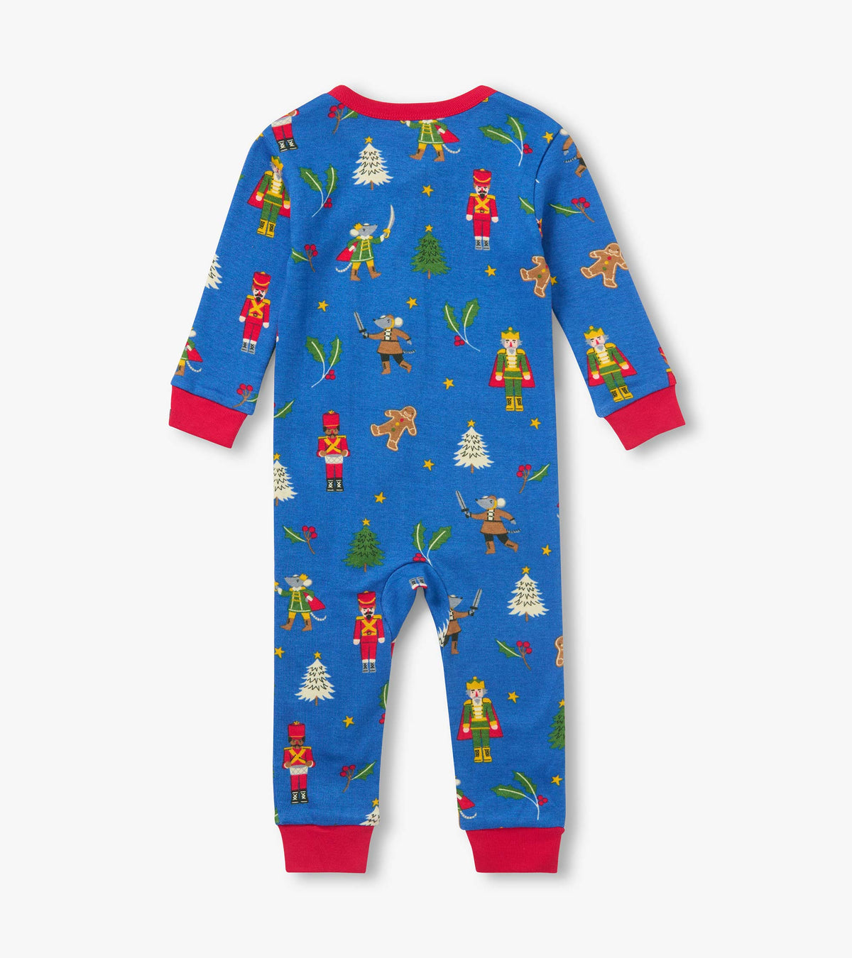 Back view of blue infant coverall with red cuffs and nutcracker holiday print