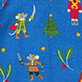 Cartoon Santa flying with presents, decorated Christmas tree, nutcracker, and colorful candy canes on blue background